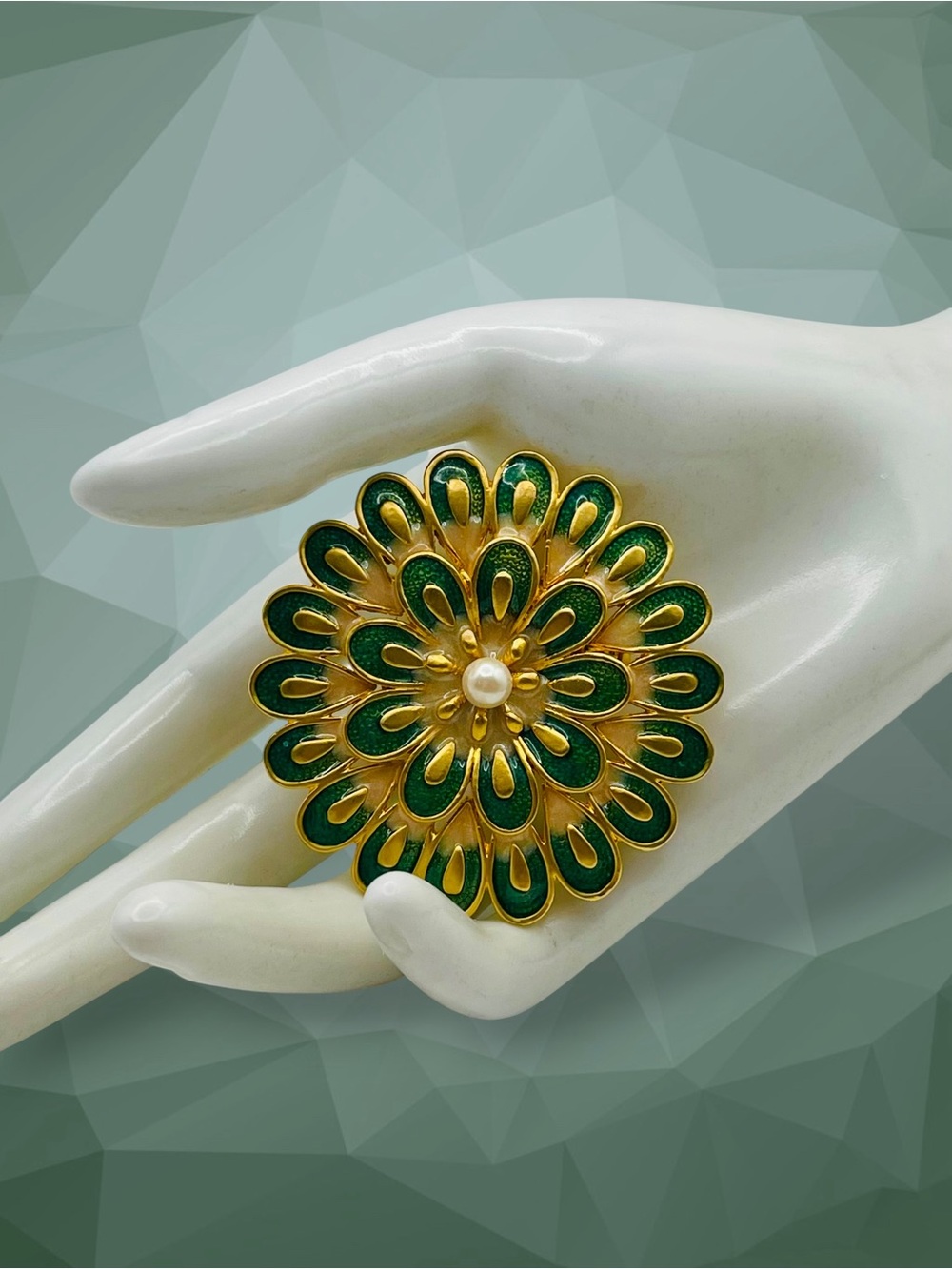 Vtg Two Sisters Lauren & Leah Medici Green Enamel Pearl Statement Flower Brooch
